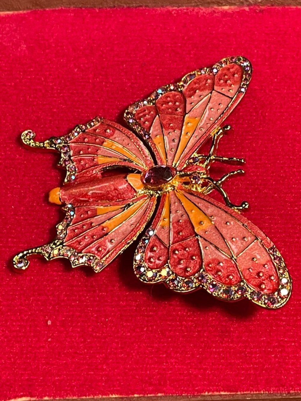 Butterfly Brooch Pin - Coral & Peach Enamel with Aurora Borealis Rhinestones